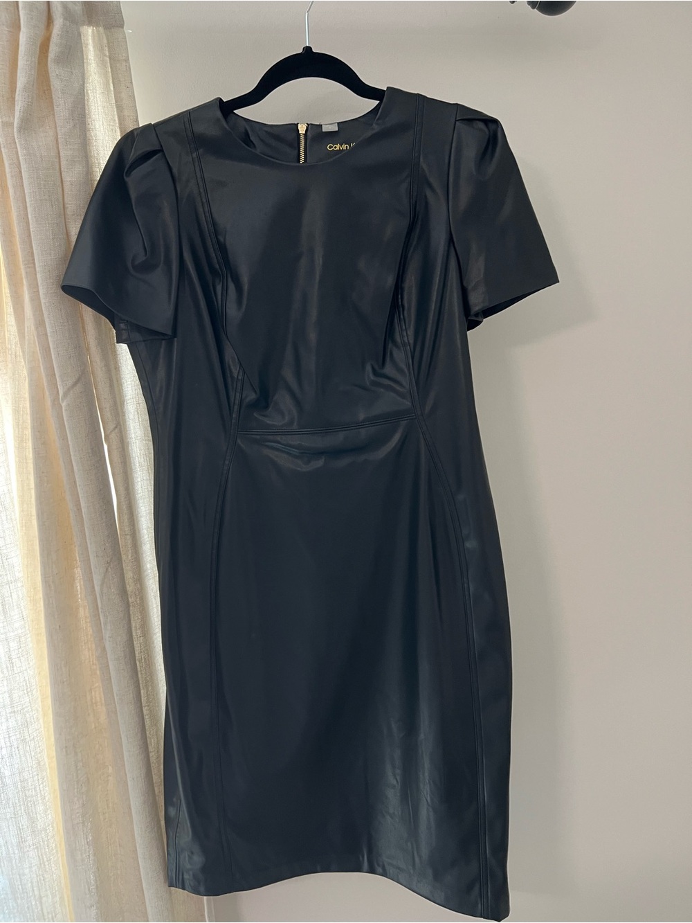 Calvin Klein Black Faux-Leather Puff Sleeve Sheath Dress